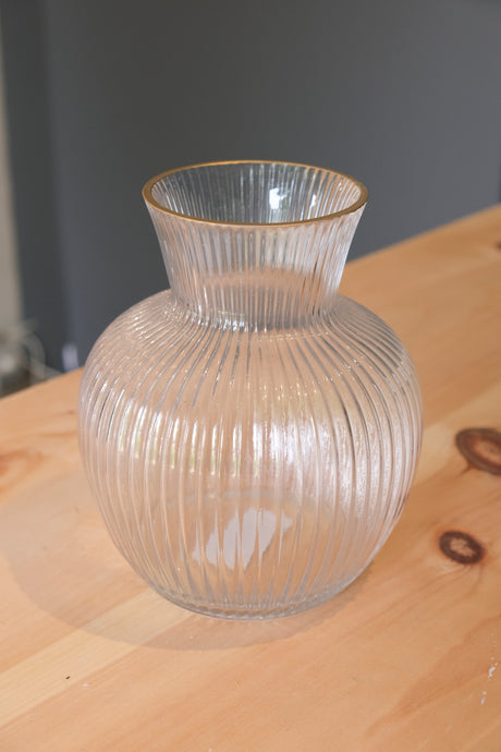 Ribbed Glass Vase with Gold Rim