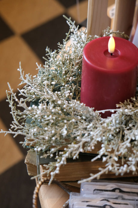 Glittered Cedar & White Berries Candle Ring - 11”