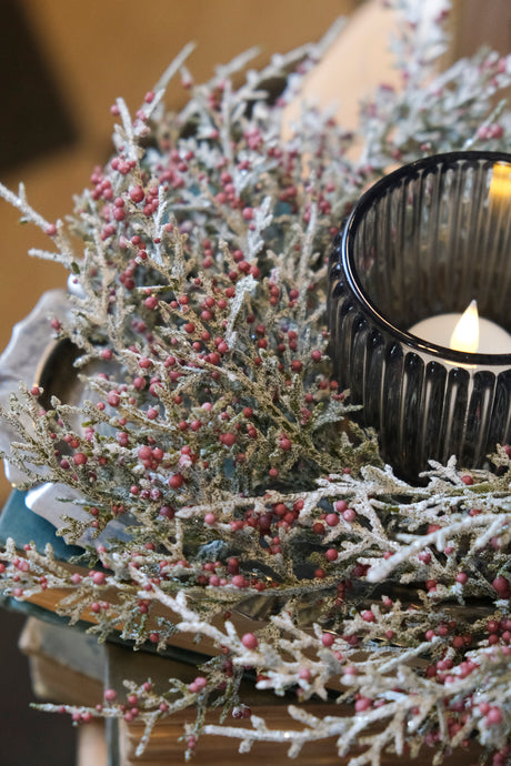 Glittered Cedar & Red Berries Candle Ring - 11”
